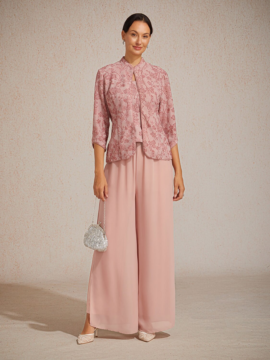 Floral Knit Jacquard Mandarin Collar Twinset