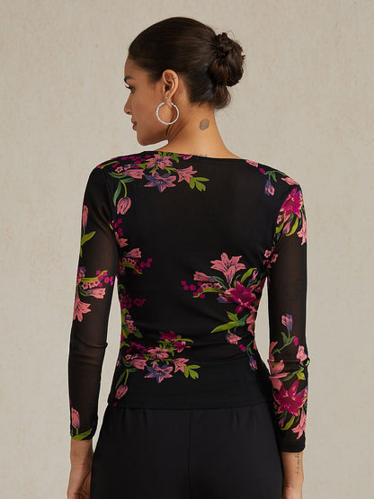 Floral Stretch Knit Wrap Top
