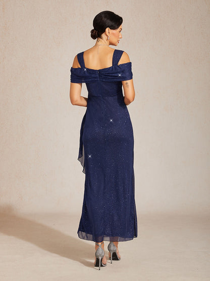 Ankle-Length Cold Shoulder Glitter Mesh Dress