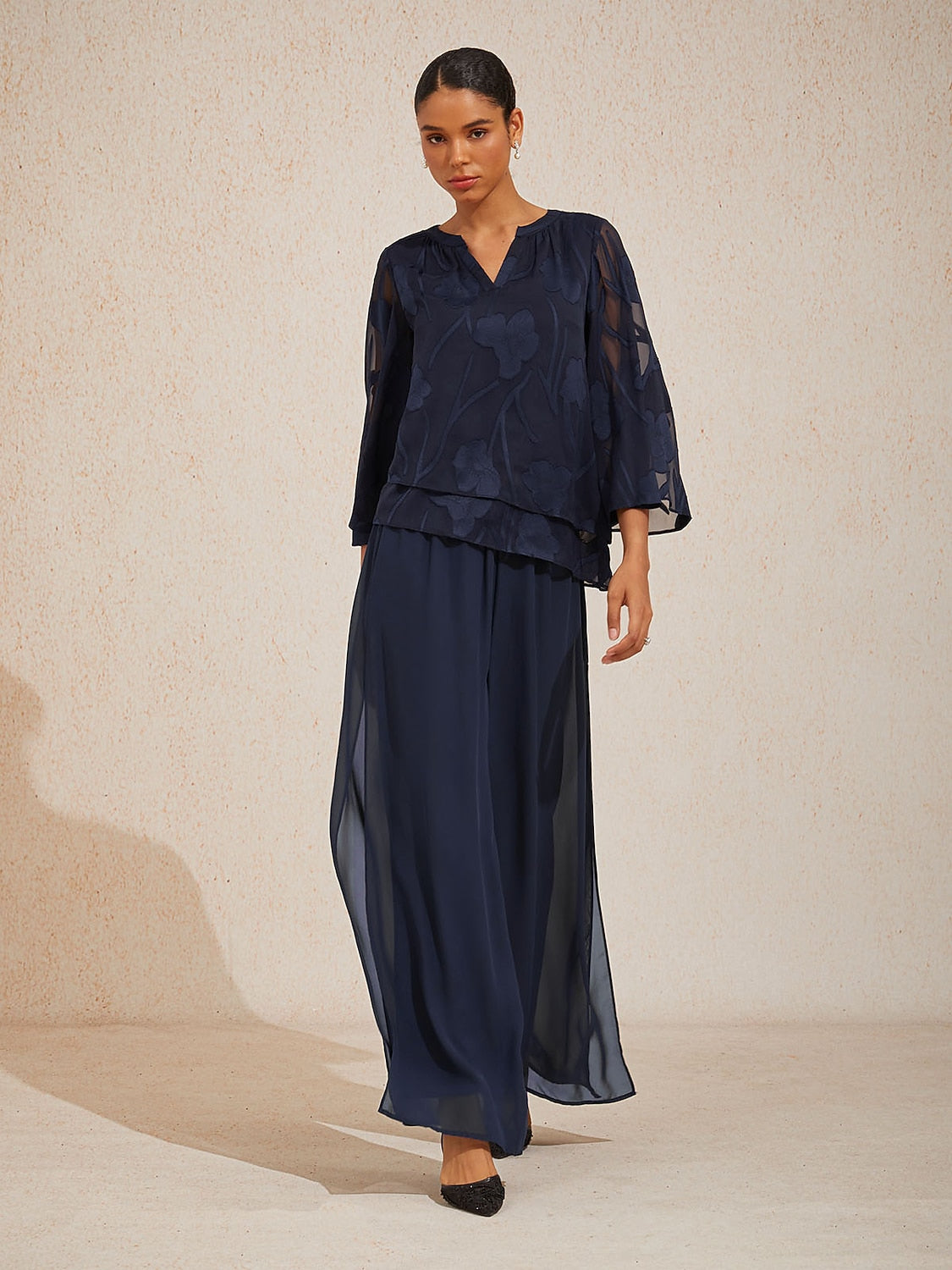 Layered Bell Sleeve Notched Neck Floral Tops