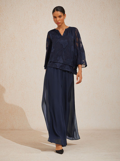 Layered Bell Sleeve Notched Neck Floral Tops