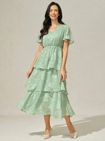 Lace V Neck Ruffle Layered Flutter Dress