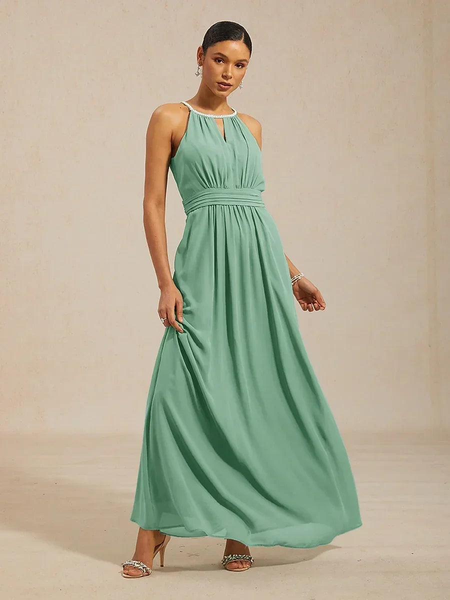 Chiffon Pearl Halter Neck Floor-Length Dress