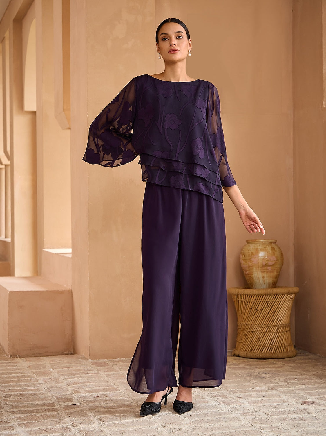 Straight Leg Pant With Chiffon Split Leg Overlay