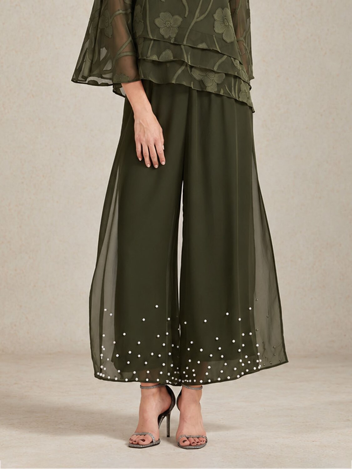 Pearl-embellished Wide Leg Pants