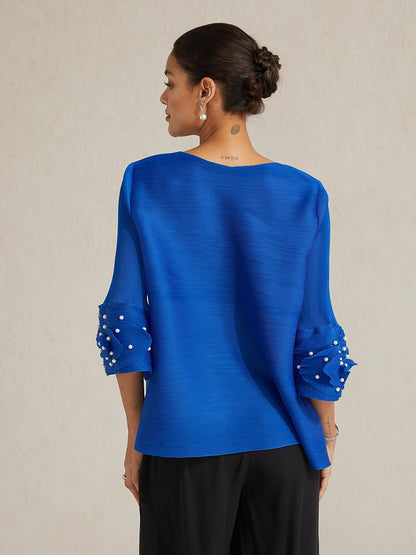 Pleated Floral Pearl Sleeve Top