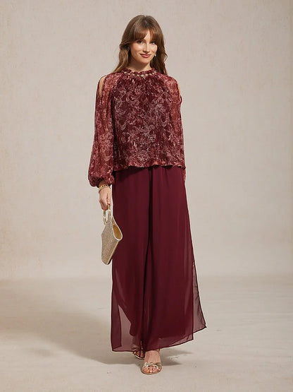 Ruffled Cold Shoulder Chiffon Blouse with Metallic Detail