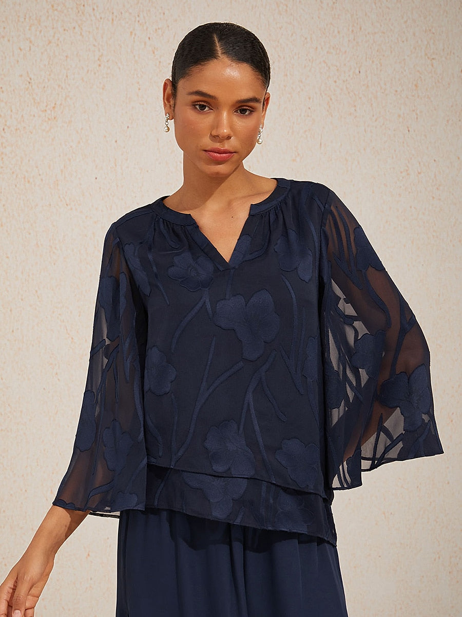 Layered Bell Sleeve Notched Neck Floral Tops