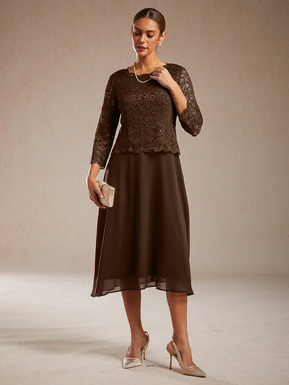 Elegant Lace and Chiffon Tea-Length Dress