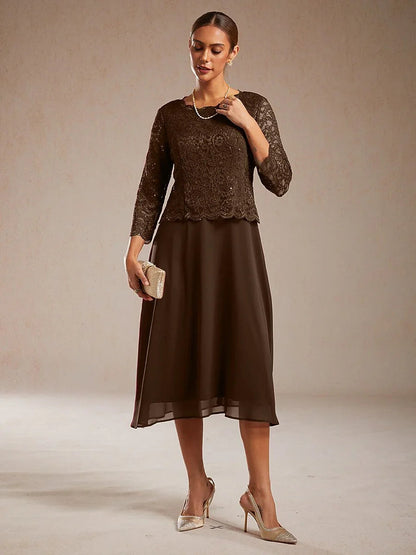 Elegant Lace and Chiffon Tea-Length Dress