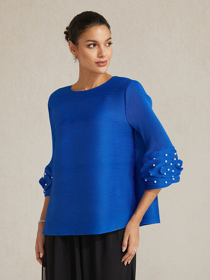 Pleated Floral Pearl Sleeve Top