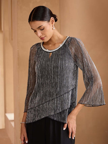 Layerd Pleated Glitter Chiffon Blouse