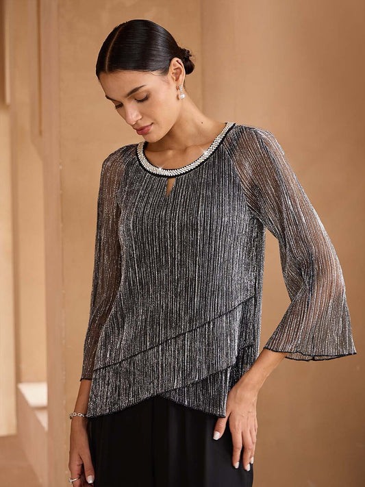 Layerd Pleated Glitter Chiffon Blouse