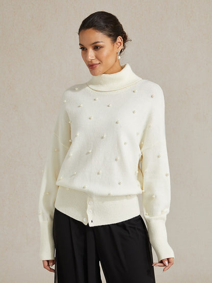Pearl-embellished Turtle Neck Sweater