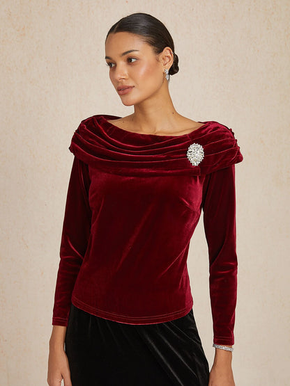 Long Sleeve Velvet Blouse with Ruched Collar