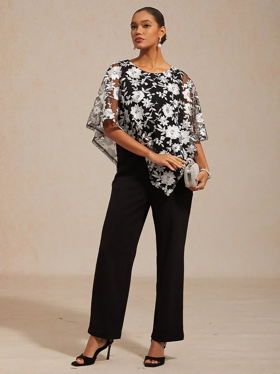 Embroidered Mesh Lace Top with Batwing Sleeves