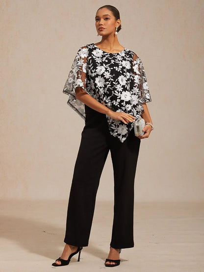 Embroidered Mesh Lace Top with Batwing Sleeves