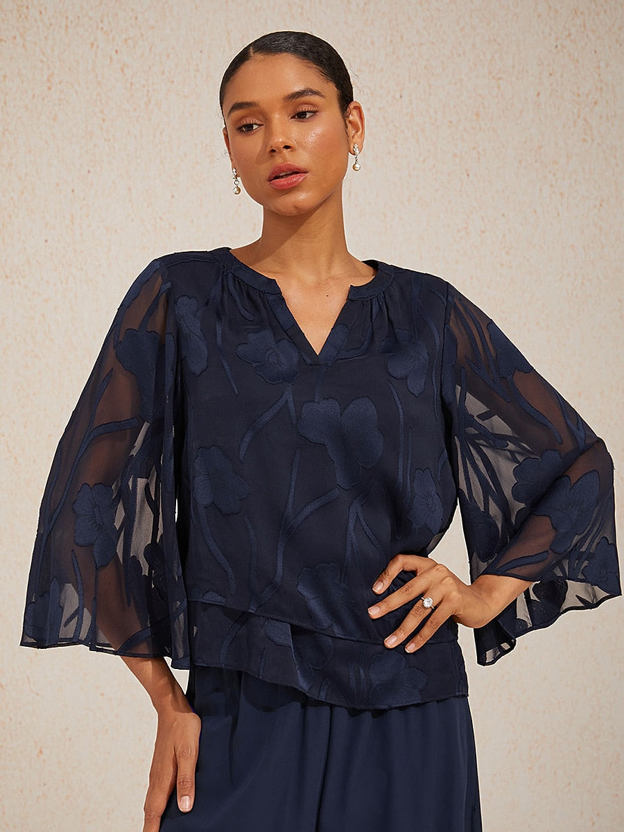 Layered Bell Sleeve Notched Neck Floral Tops