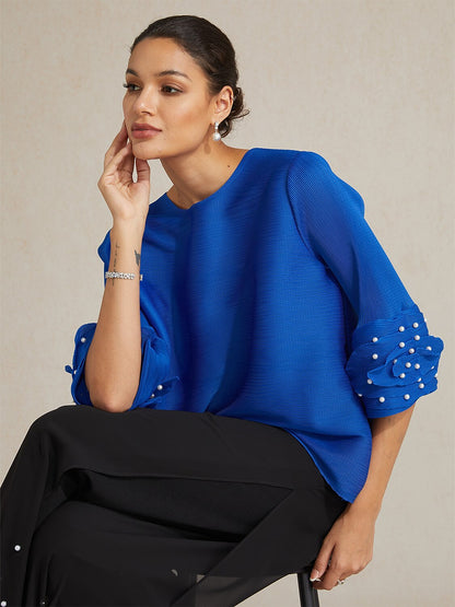 Pleated Floral Pearl Sleeve Top