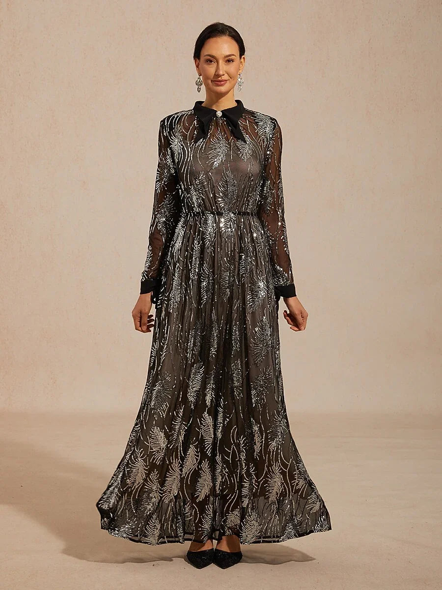 mesh overlay dress Floor Length Sequin Mesh Overlay Evening Dress With Long Sleeves Black Sheer A Line Elegant Gown For Older Women Over 50, Black / XXL