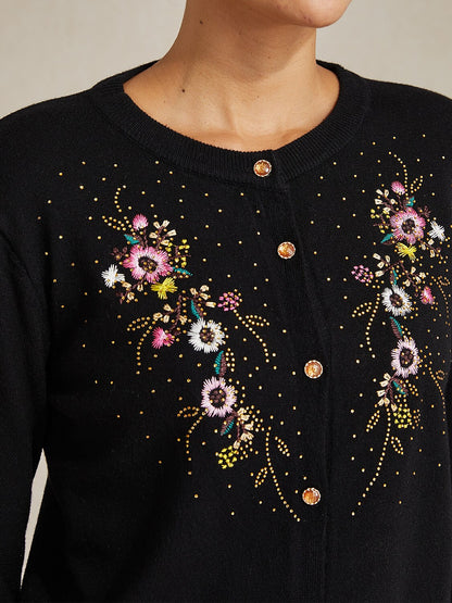 Embroidered Rhinestone Floral Cardigan