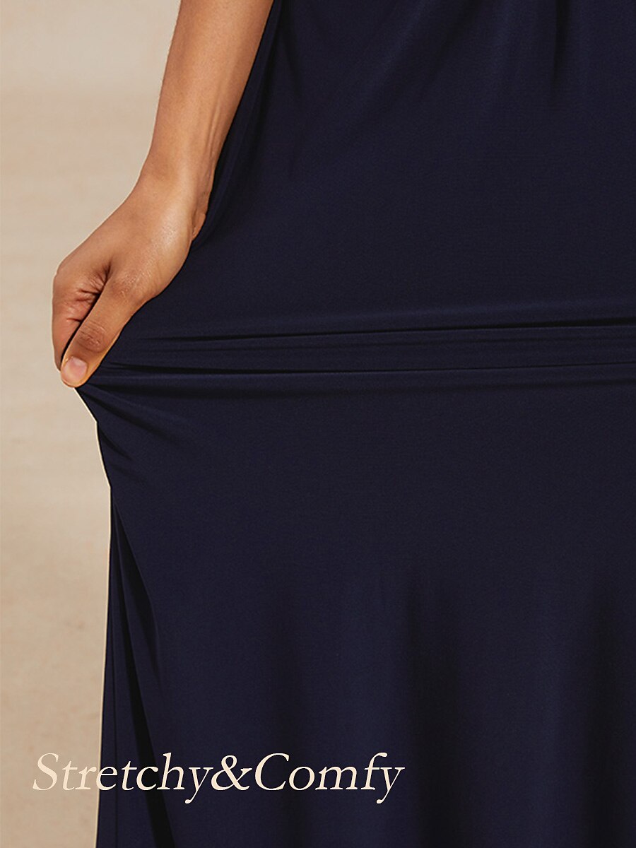 Draped Neck Jersey Evening Dress with Pleated Bodice