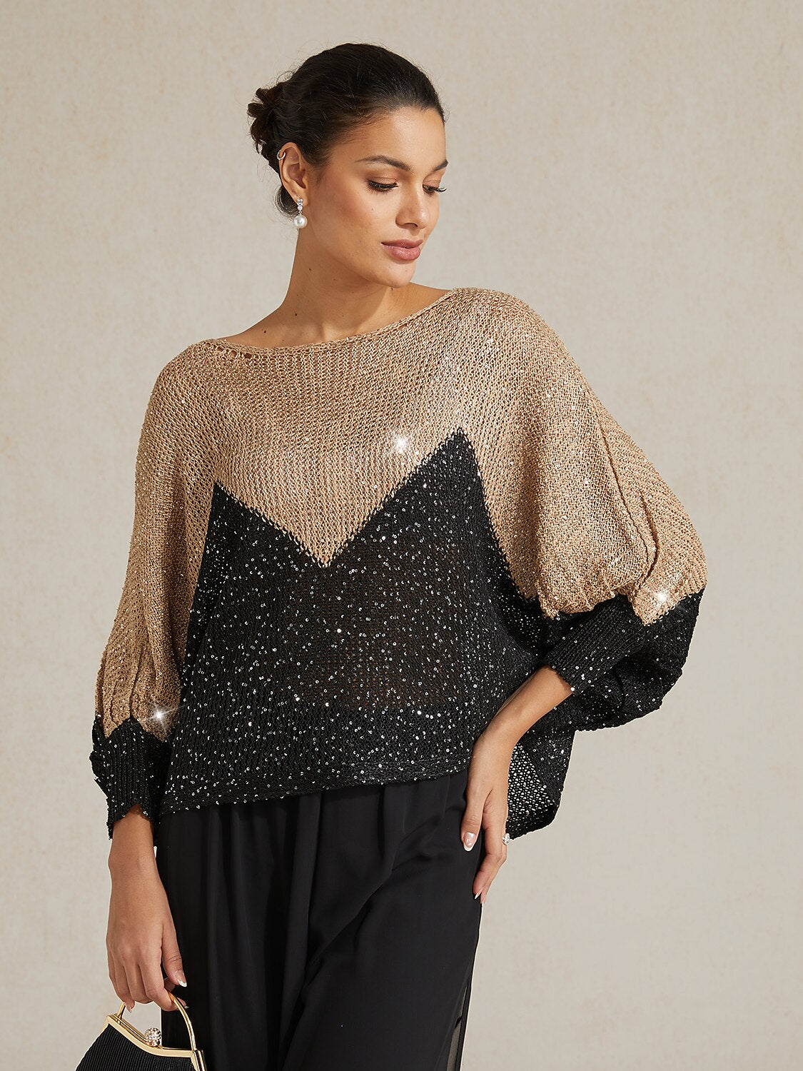 Sequin Colorblock Batwing Sweater
