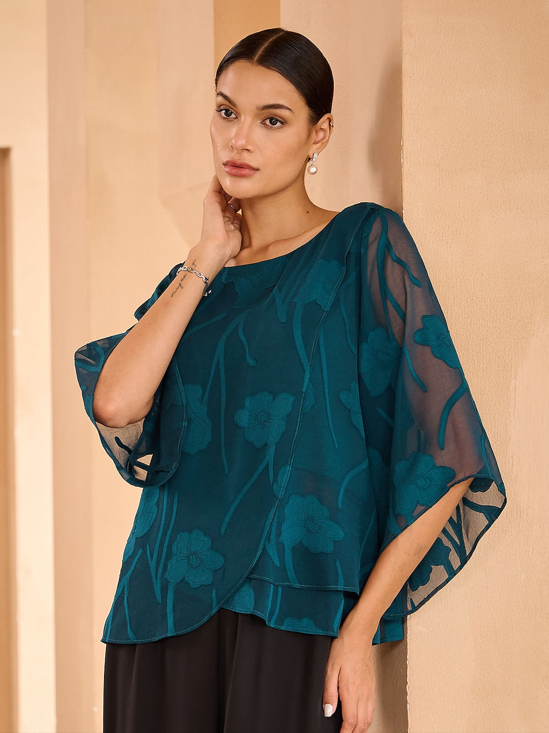 Sheer Floral Layered Chiffon Tops