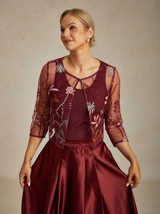 Floral Embroidered Lace Jacket with Rhinestone Button