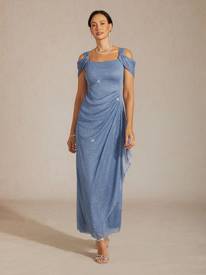 Ankle-Length Cold Shoulder Glitter Mesh Dress