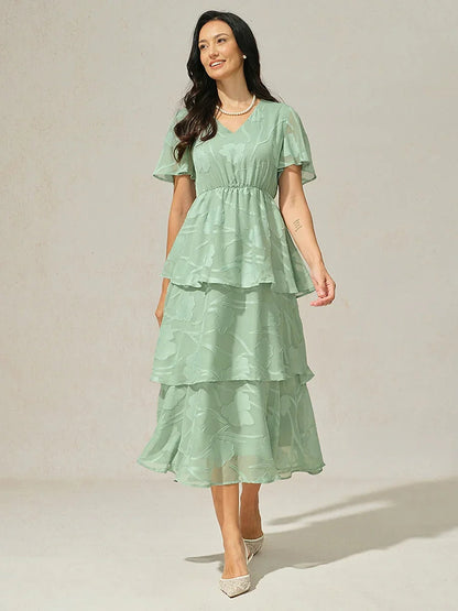 Lace V Neck Ruffle Layered Flutter Dress