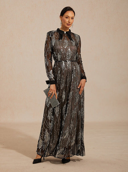 Sequin Mesh Overlay Dress with Crystal Button