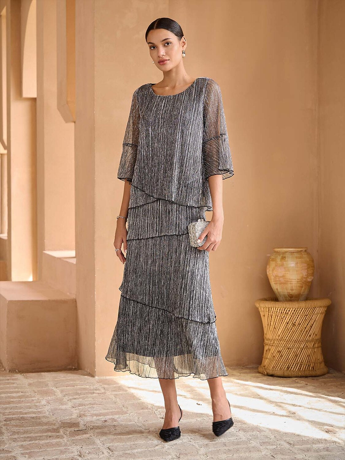 Metallic Pleated Layered Blouse
