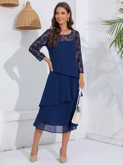 Lace Tiered Chiffon 3/4 Length Sleeve Dress