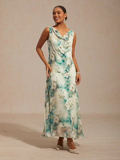 Floral Cowl Neck Tea-Length Dress with Flounce Hem