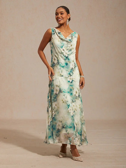 Floral Cowl Neck Tea-Length Dress with Flounce Hem