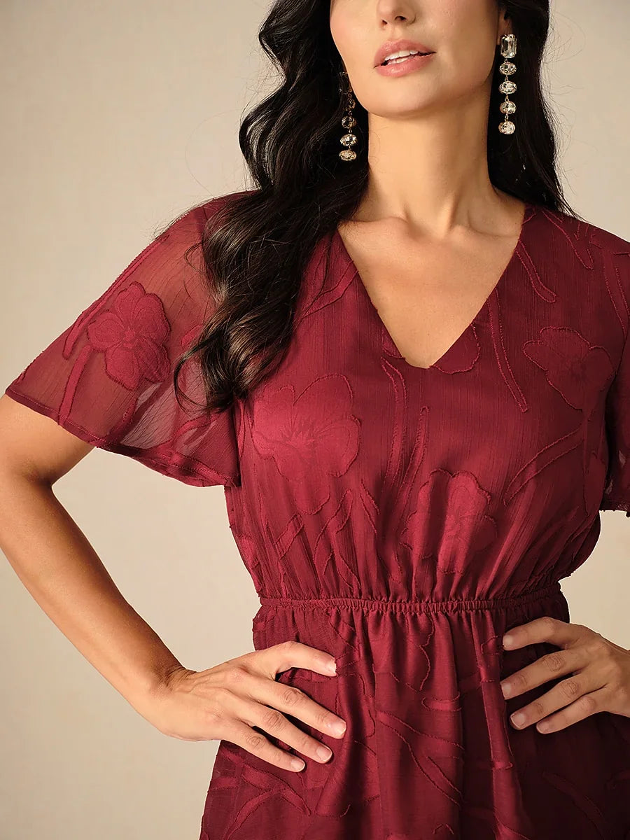 Lace V Neck Ruffle Layered Flutter Dress