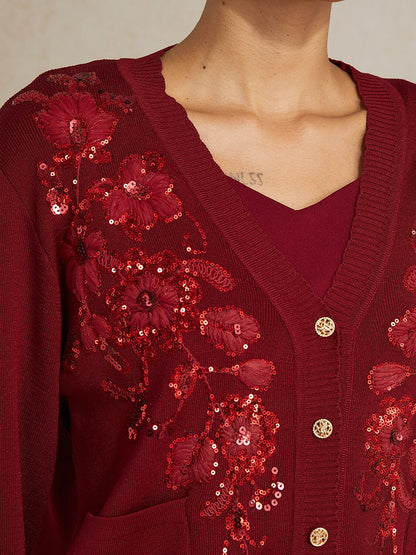 3D Rosette Sequin Knit Cardigan