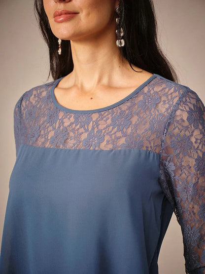 Lace Tiered Chiffon 3/4 Length Sleeve Dress