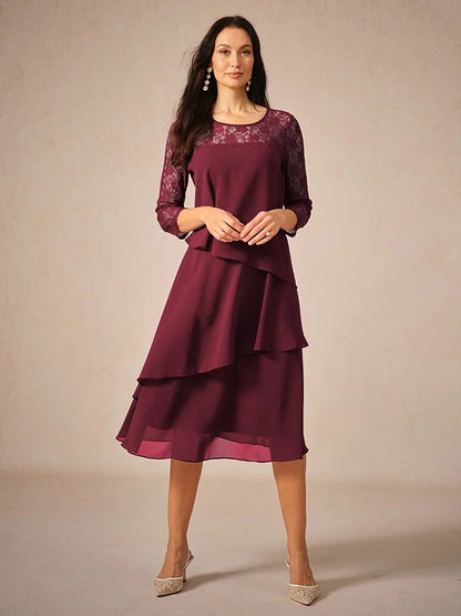 Lace Tiered Chiffon 3/4 Length Sleeve Dress