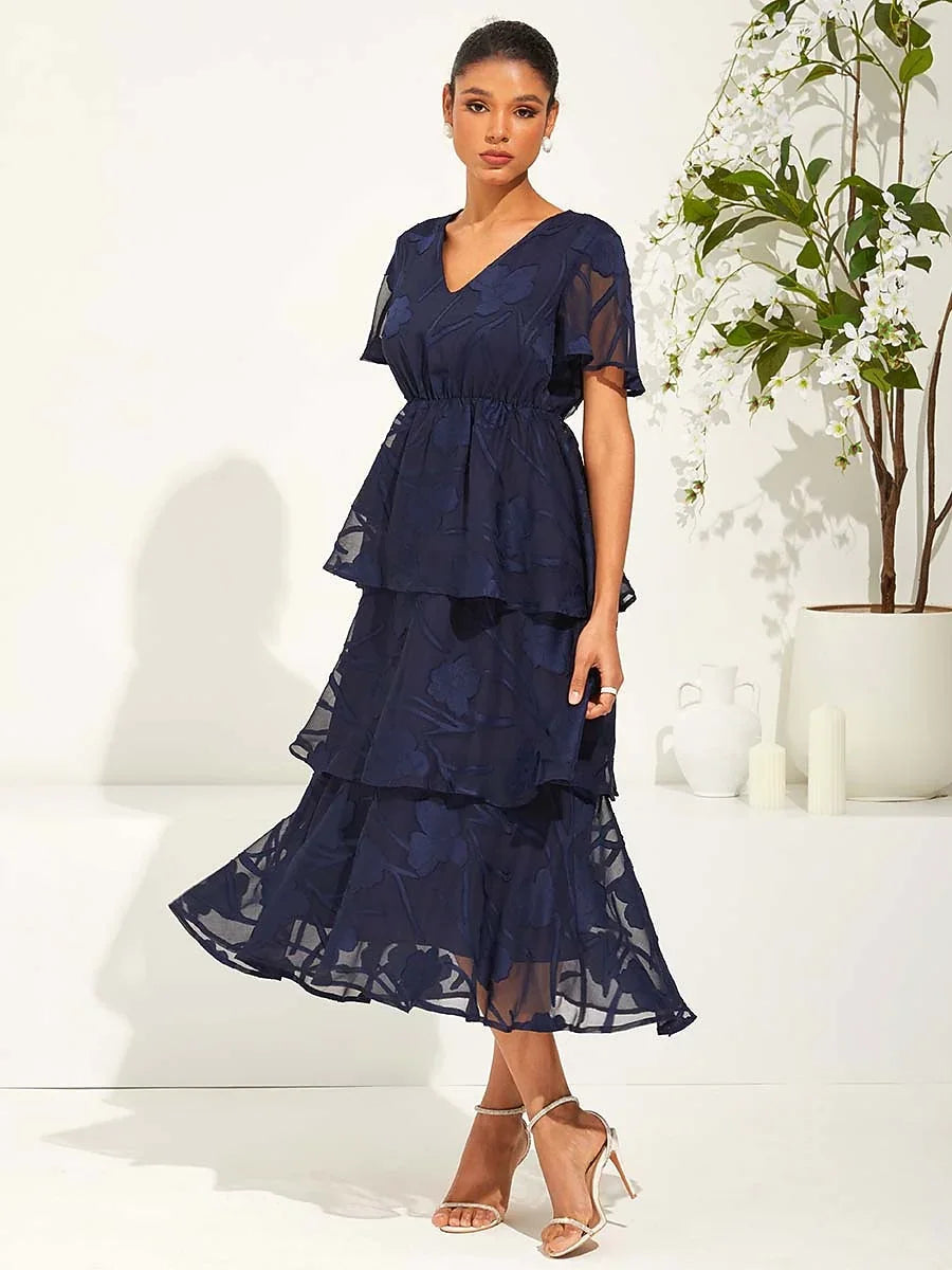 Lace V Neck Ruffle Layered Flutter Dress