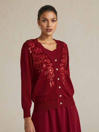 3D Rosette Sequin Knit Cardigan