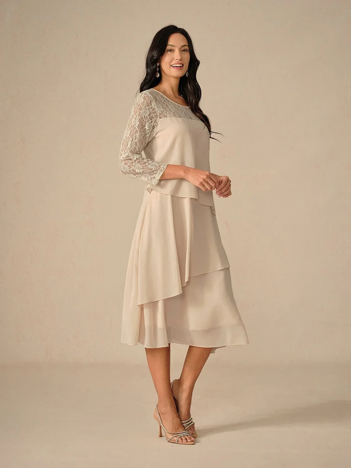 Lace Tiered Chiffon 3/4 Length Sleeve Dress