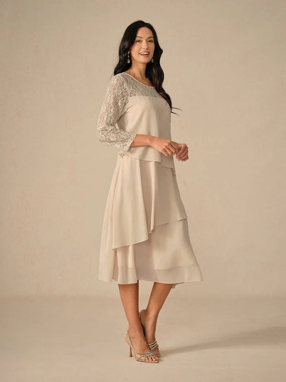 Lace Tiered Chiffon 3/4 Length Sleeve Dress