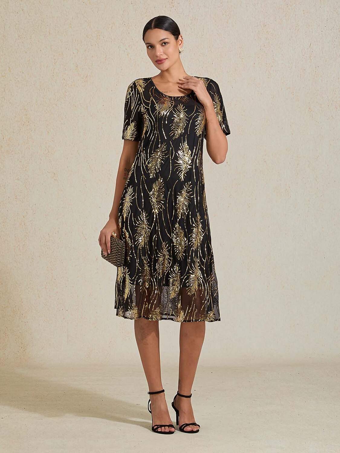 Feather Sequin Embroidered Mesh Midi Dress