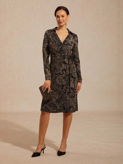 Paisley Wrap Midi Dress with Subtle Sequin Detail
