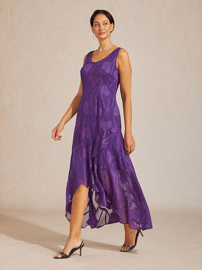 Floral Chiffon Sleeveless Evening Gown with Asymmetrical Hem
