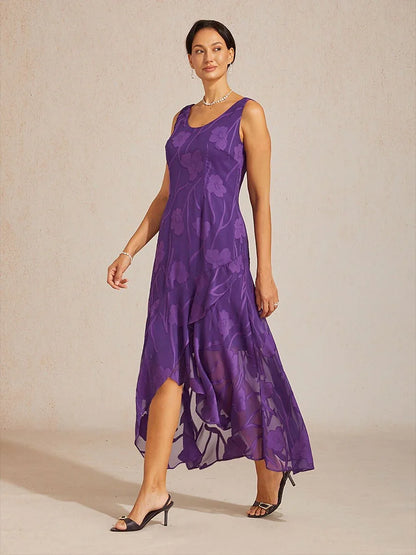 Floral Chiffon Sleeveless Evening Gown with Asymmetrical Hem