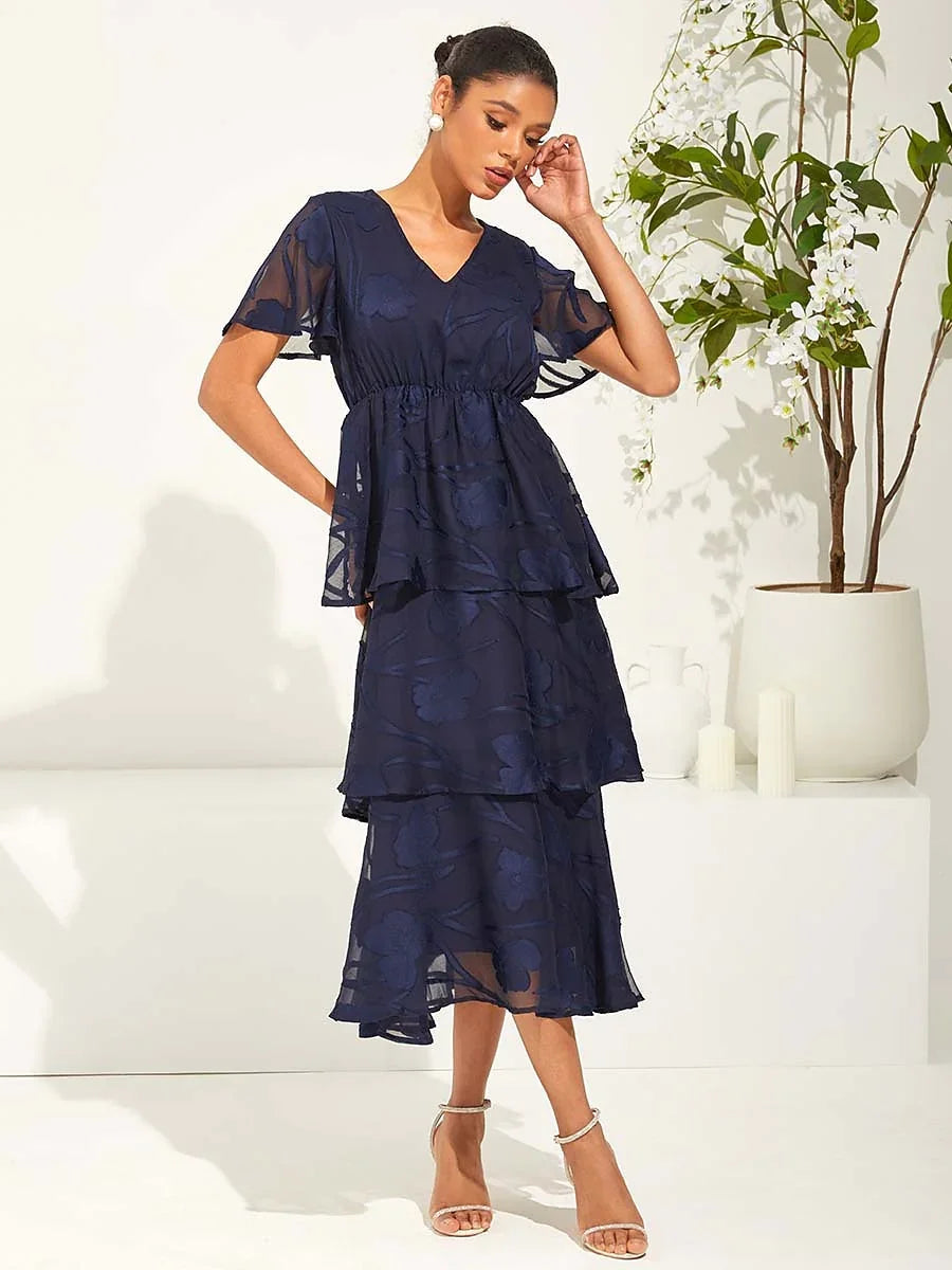 Lace V Neck Ruffle Layered Flutter Dress