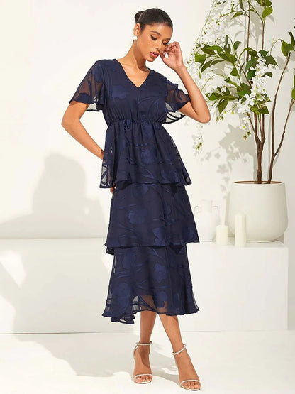 Lace V Neck Ruffle Layered Flutter Dress